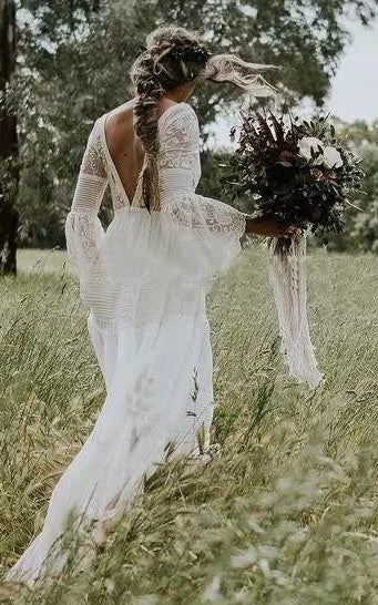 A-Line V-neck Lace Wedding Dress Casual Sexy Bohemian Adorable Beach Country Garden With Deep-V Back And Illusion Long Sleeves