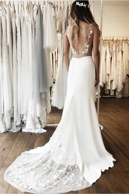 Modern Sleeveless Plunging Stain Wedding Gown With Illusion Deep V-bac ...