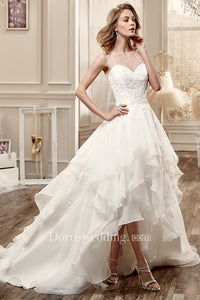 Jewel-Neck High-Low Wedding Dress With Cascading Ruffles And Beaded Bodice