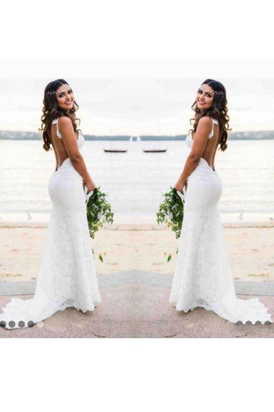 Bohemian Beach Sexy Spaghetti Straps Backless Lace Wedding Dress