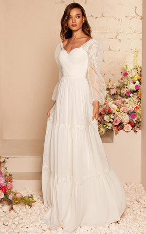 Simple A Line Chiffon Long Sleeve Illusion Wedding Dress with Criss Cross