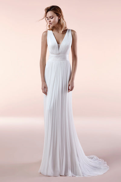 Illusion Sleeveless Deep V-neck Chiffon Gown With Sash And Pleats