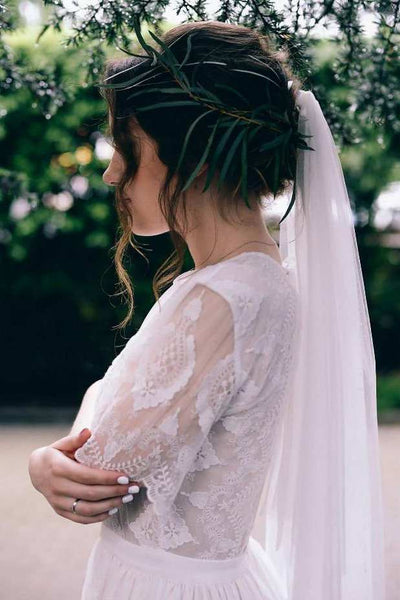 High Neck Half Sleeve Lace Chiffon Wedding Dress With Illusion