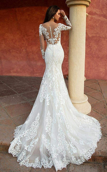 Sexy Mermaid Lace Tulle Long Sleeve Wedding Dress Country Garden Elegant Romantic Bateau Neck Sweep Train