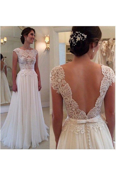 Chiffon Long Lace Open Back Wedding Dress Sleeveless Elegant