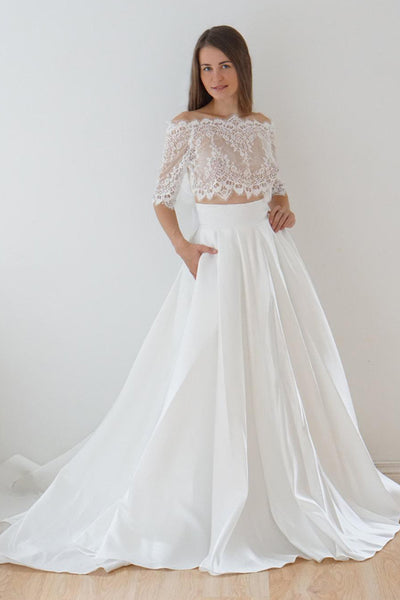 Off-The-Shoulder Lace A-Line Satin Two-Piece Wedding Dress With Sweep Train