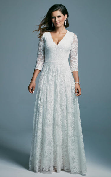 Lace V-neck Bohemian V-neck Sheath Wedding Dress With Zipper Back And Appliques