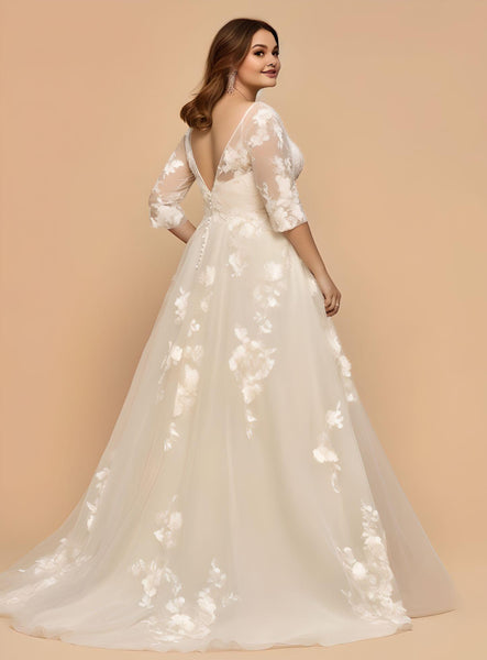 Romantic Plus Size A-Line V-neck Tulle Floor-length Wedding Dress Country Garden Simple Elegant 3/4 Length Sleeve