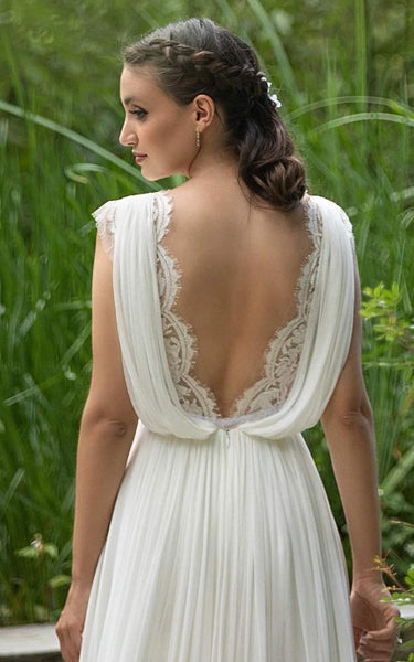 Greek A-Line Plunging Neckline Chiffon Lace Wedding Dress With Open Back And Pleats