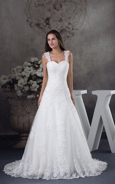 Strapped Lace A-Line Gown with Beading and Court Train