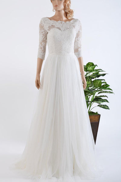 3-4 Length Sleeve Tulle Satin Lace Bolero Wedding Dress