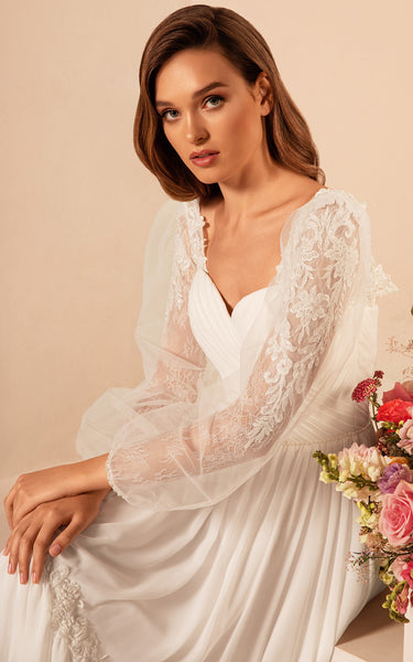 Simple A Line Chiffon Long Sleeve Illusion Wedding Dress with Criss Cross