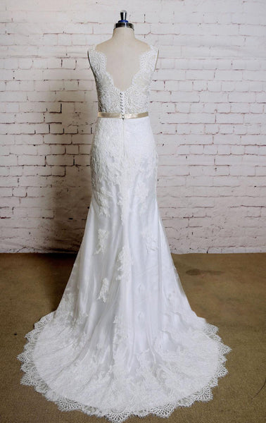 V-Neck Sleeveless Lace Mermaid Wedding Dress With Satin Sash