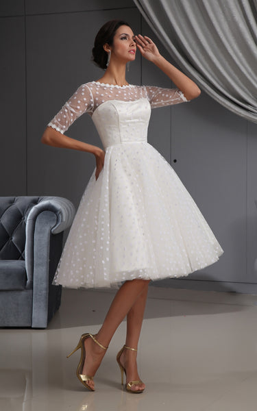 Half-Sleeve Illusion Knee-Length Short Dress With Lace and Dot