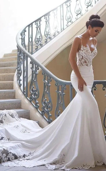 Mermaid V-neck Satin Spaghetti Lace Garden Wedding Dress Simple Casual Bohemian Elegant Romantic With Open Back And Appliques