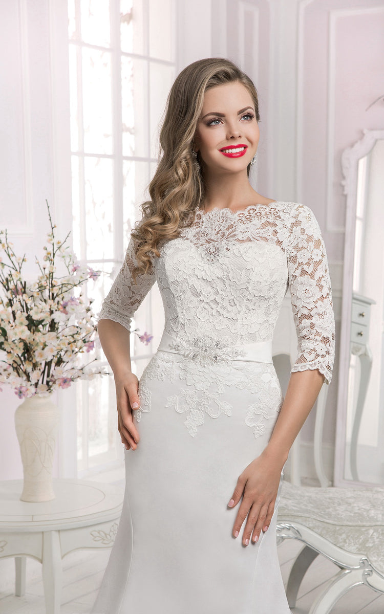 Half Sleeve Lace Top Long Mermaid Dress with Crystal Detailing-714170 ...