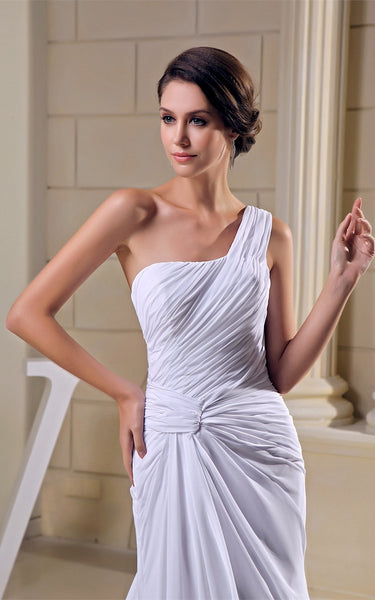 Criss-Cross One-Shoulder Ruched Chiffon Gown with Pleats and Court Train