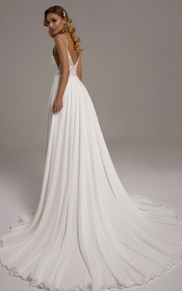 Sexy A-Line Plunging Neck Chiffon and Lace Court Train Wedding Dress