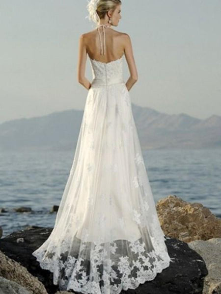 sheath Sleeveless Halter Court Train Lace Wedding Dresses-709139