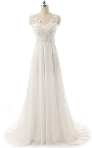 V-Neck Brush Train Lace and Chiffon A-Line Wedding Dress-713930