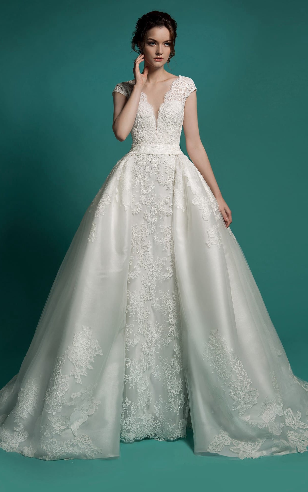 Mermaid Floor-Length V-Neck Cap-Sleeve Zipper Lace Dress With Sash And Detachable Train-714203