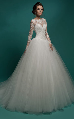 Illusion-Sleeve Pleated Floor-Length A-Line Tulle Dress-714215