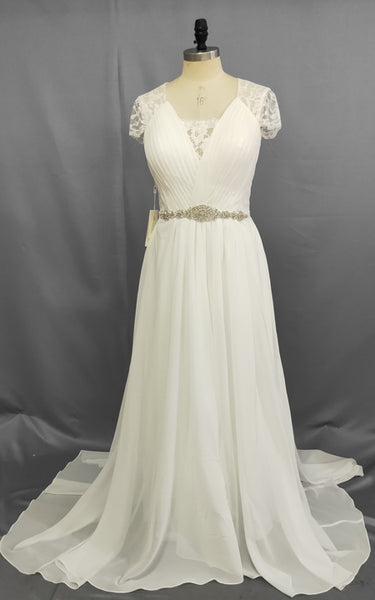 A-Line Long V-Neck Short Sleeve Chiffon Brush Train Illusion Waist Jewellery Dress-Z714720