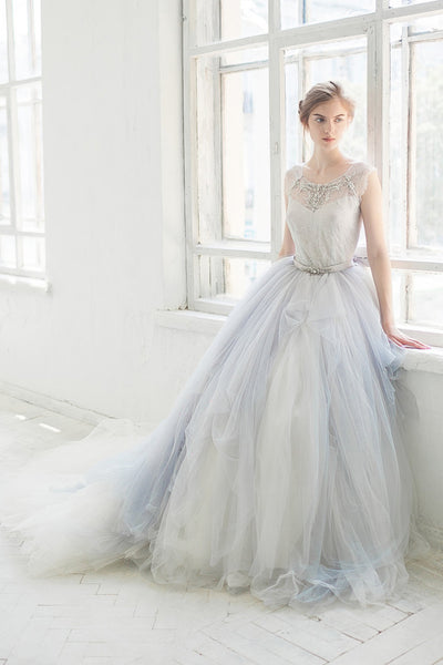 Bell Sleeve Tulle Satin Lace Wedding Dress-715074