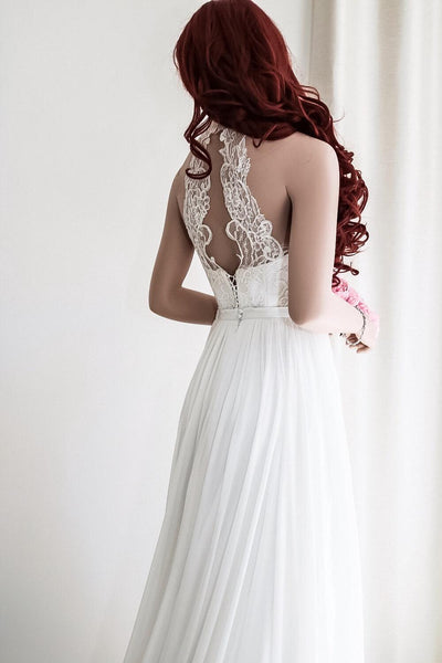 Lace Appliqued Haltered Empire Chiffon Pleated Wedding Dress With Sweep Train-715179