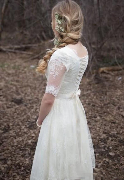 Modest Country Tulle Scoop Neck Short Sleeve Wedding Dress-715358