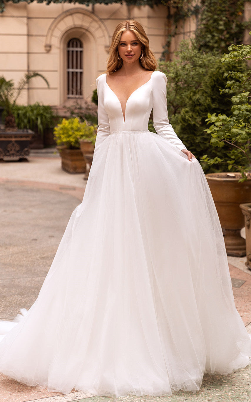 Elegant Ball gown V-neck Satin Chapel Train Wedding Dress with Ruching