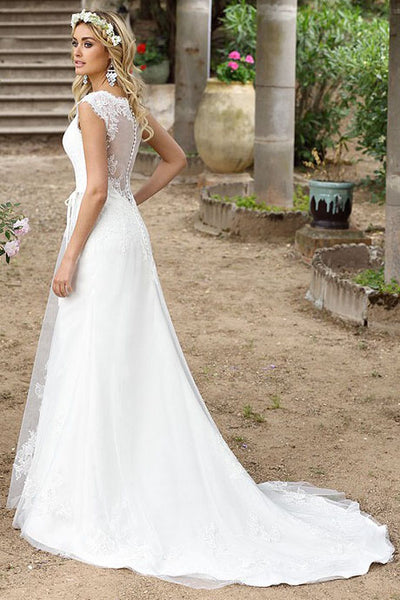 A-Line V-Neck Cap-Sleeve Lace Wedding Dress With Illusion