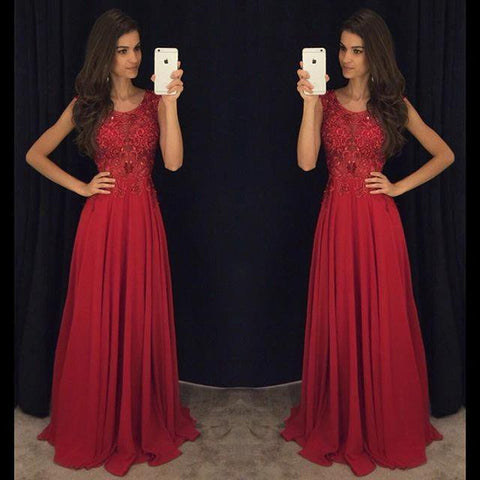 Fit and Flare Sleeveless Red Evening Dresses 2016 Lace Appliques Chiffon