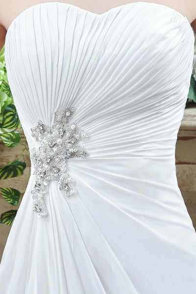 Newest Strapless White Beadings 2018 Wedding Dress A-line Sweep Train