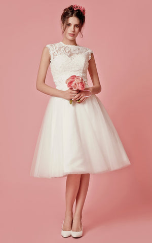 Cap Sleeved A-Line Knee Length Wedding Dress With Jacket