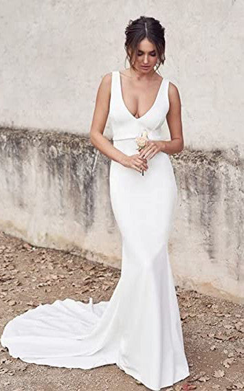 Satin Mermaid V-neck Wedding Dress Simple Sexy Romantic Summer Adorable Country With Open Back And Sleevesless 