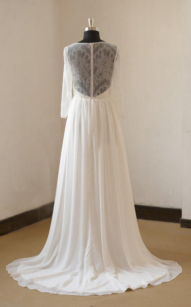 Jewel Neck Long Sleeve A-Line Chiffon Wedding Dress With Open Back