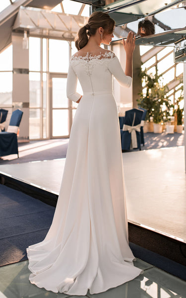 Simple Off-the-shoulder Sheath Sweep Train 3/4 Length Sleeve Wedding Dress With Appliques