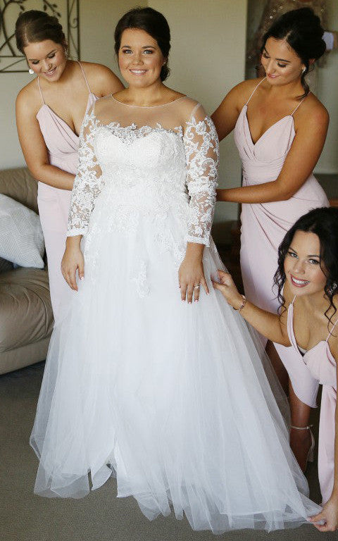 Modest Plus Size Long Sleeve Lace A Line Illusion Wedding Dress with Appliques