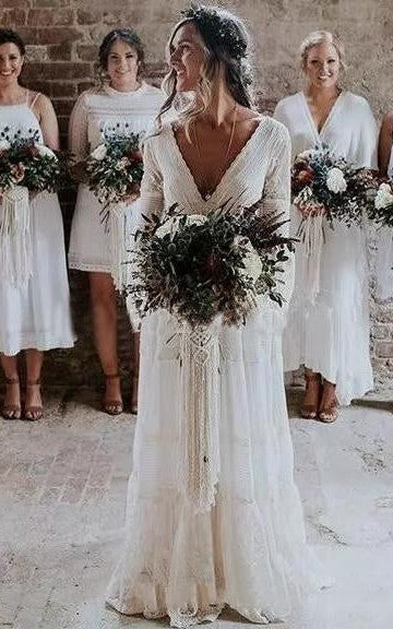 A-Line V-neck Lace Wedding Dress Casual Sexy Bohemian Adorable Beach Country Garden With Deep-V Back And Illusion Long Sleeves