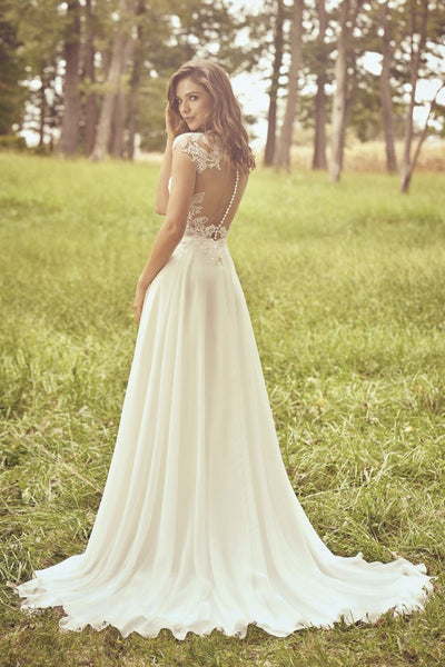 Appliqued Cap Sleeve Illusion Plunging Neckline And Illusion Back Lace Chiffon Wedding Dress