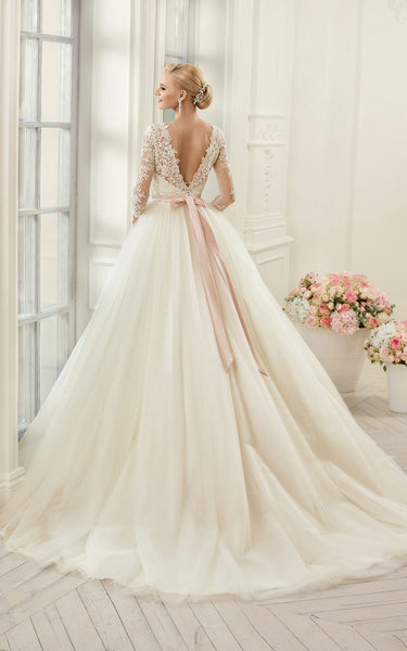 Ball Gown Long Bateau Long-Sleeve Deep-V-Back Tulle Lace Dress With Appliques And Waist Jewellery