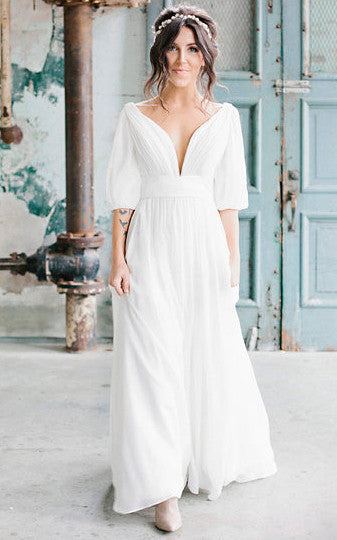 Elegant A-Line Chiffon Plunging Neckline Wedding Dress With Low-V Back And Ruching