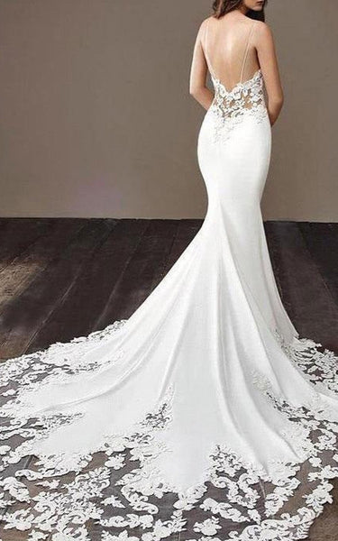 Mermaid V-neck Satin Spaghetti Lace Garden Wedding Dress Simple Casual Bohemian Elegant Romantic With Open Back And Appliques