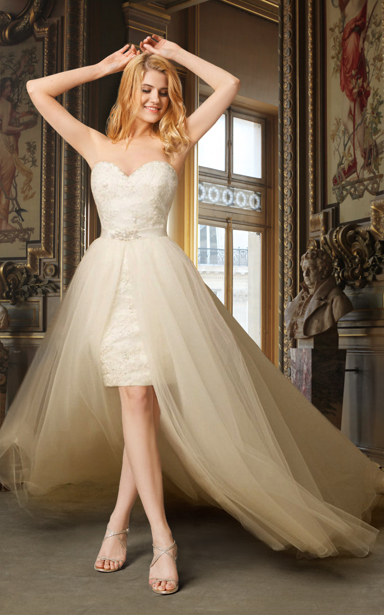 Sweetheart Pencil short Lace Appliqued Wedding Dress With Detachable Train 