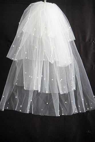 Beautiful Multi-Layered Puffy Elbow Wedding Veil with Pearl Beading