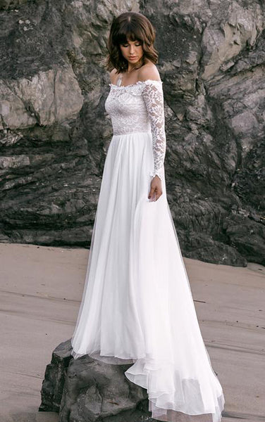 Simple Off-the-shoulder A Line Lace Tulle Long Sleeve Floor-length Wedding Dress with Sweep Train