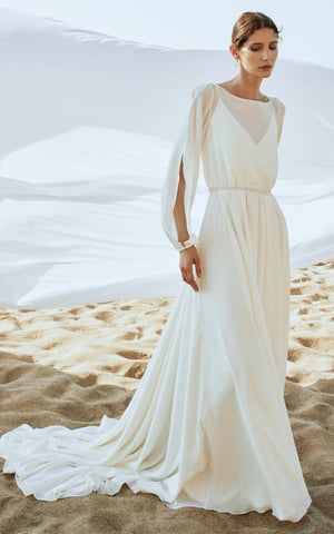 Casual A Line Bateau Neck Chiffon Wedding Dress with Train