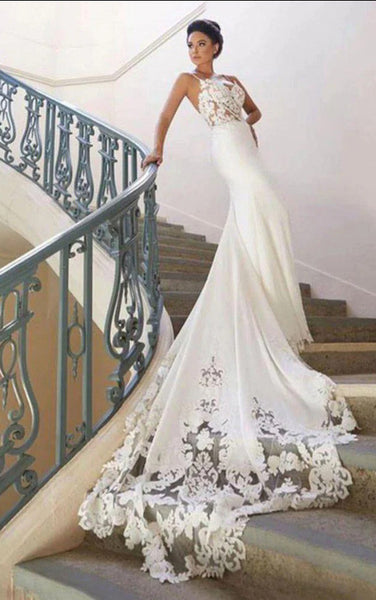 Mermaid V-neck Satin Spaghetti Lace Garden Wedding Dress Simple Casual Bohemian Elegant Romantic With Open Back And Appliques