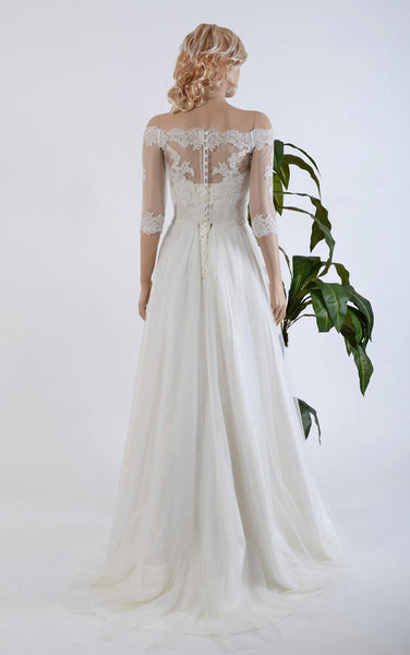 Off Shoulder Long A-Line Tulle Wedding Dress With Lace Bolero